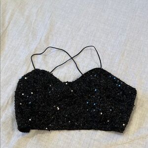 Sequin Bustier Crop Top with Spaghetti Straps - Black